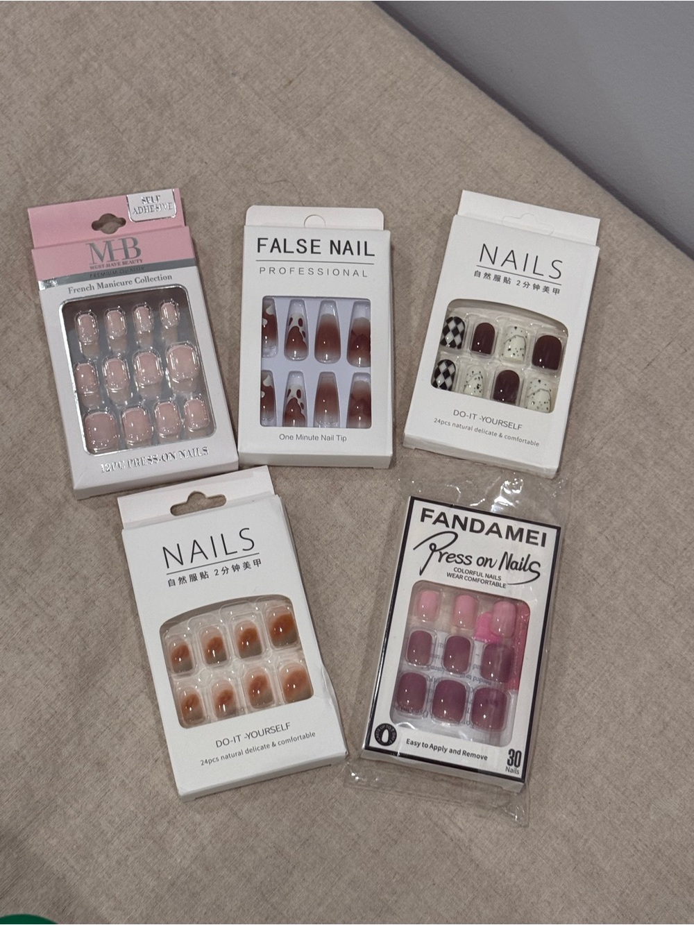 New in box bundle of 5 press on nails Squoval round coffin French pink designs